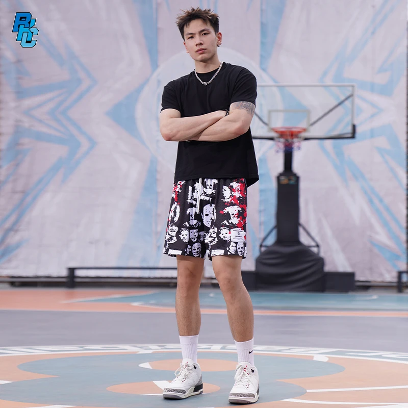 bkcxzice破冰人像篮球短裤五分裤男款夏季休闲复古跑步裤运动短裤