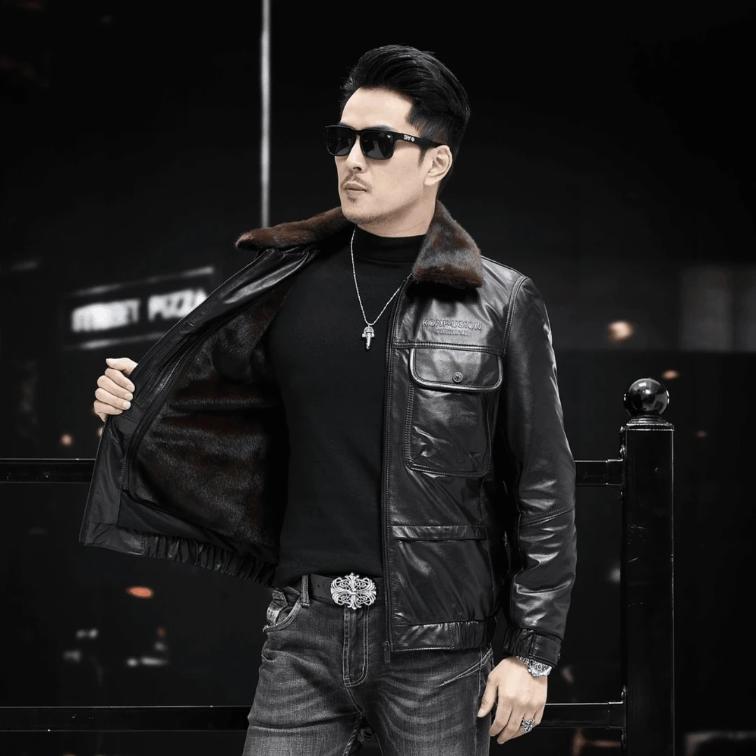 【100%真-头层小牛皮】升级版 男真皮外套翻领可拆卸貂胆皮衣外套