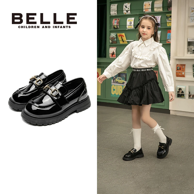 【百搭乐福】百丽童鞋春秋圆头女童黑色百搭时尚乐福鞋厚底DE4081