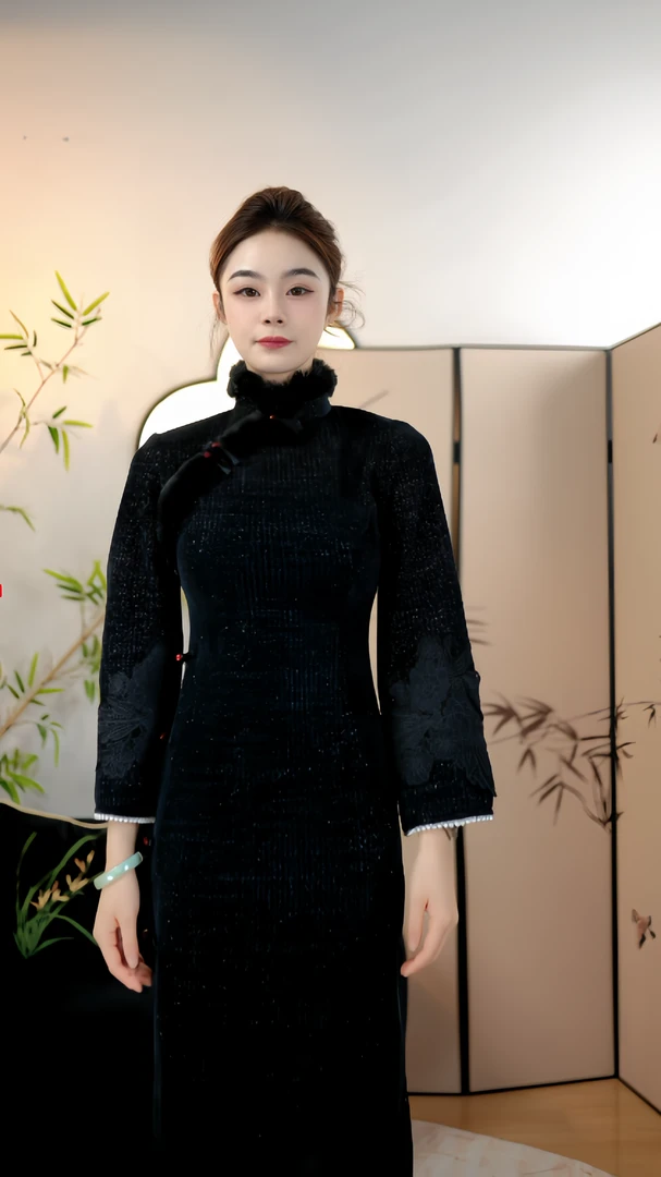 旗格格 设计师新款黑色加厚雪尼尔显瘦国风旗袍