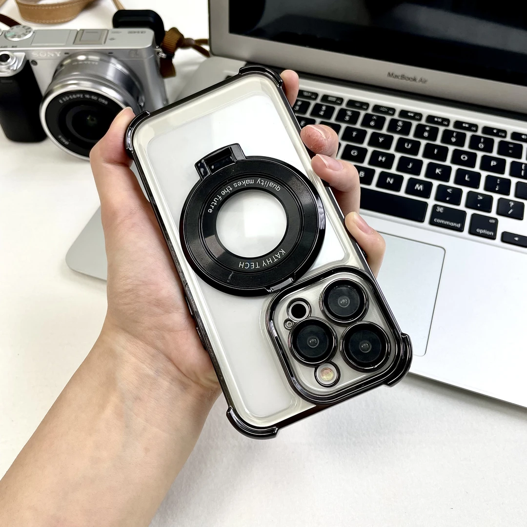 (五号)透明简约全包适用iPhone15防摔电镀镜头保护磁吸支架手机壳