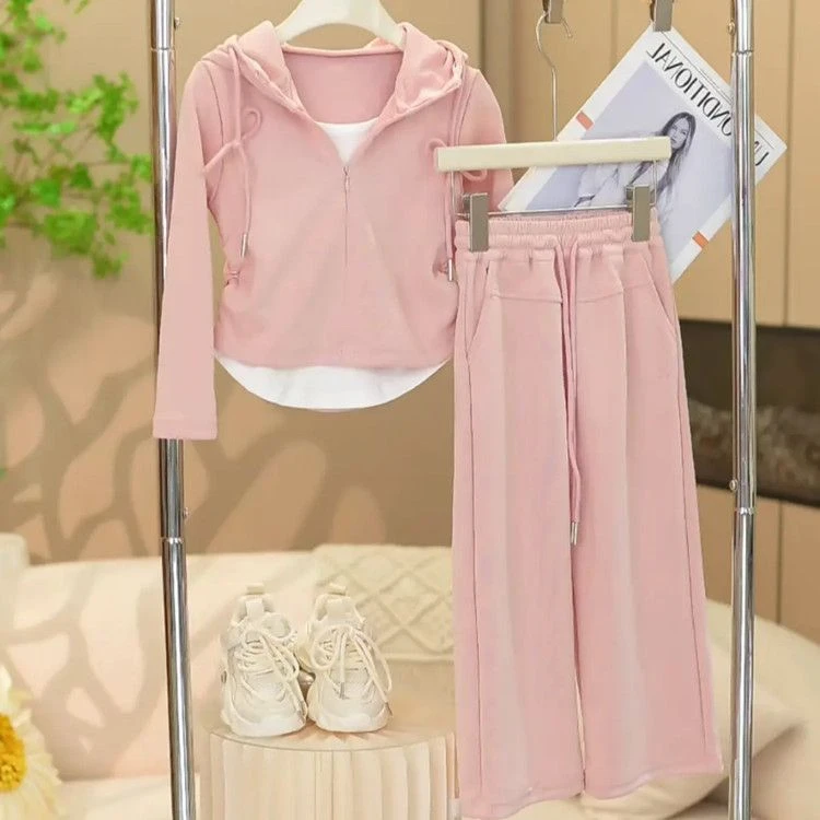 网红女童韩版纯色套装中大童春秋新款洋气假两件拉链衫长裤两件套
