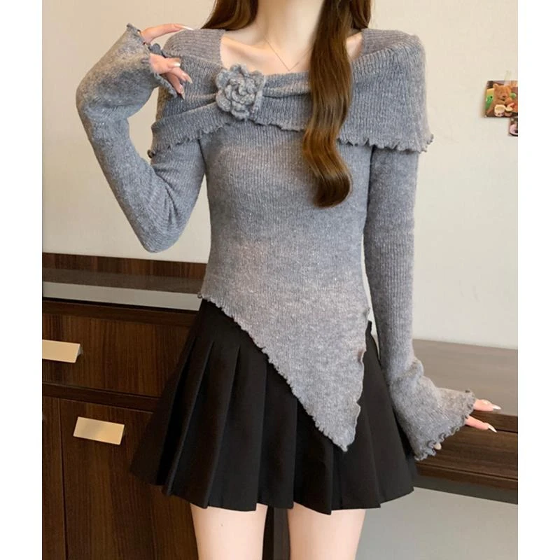 大码不规则一字肩针织衫女秋装2024新款胖MM遮肚显瘦立体花朵小衫