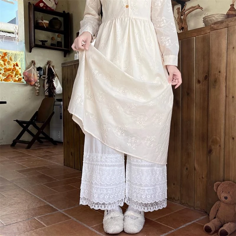 新中式汉服旗袍叠穿内搭衬裤棉麻九分裤蕾丝花边打底裤子女秋冬季