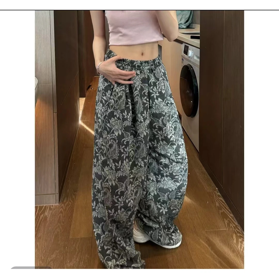 vintage碎花阔腿休闲裤男女情侣春秋潮牌高级感宽松直筒阔腿裤子