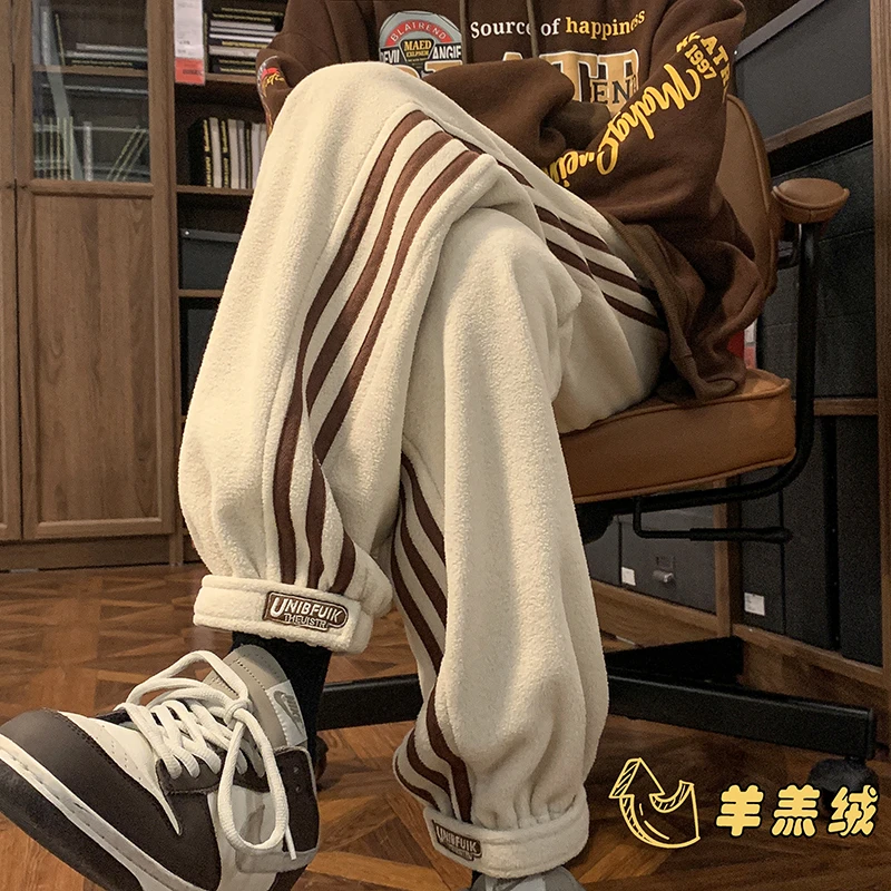 羊羔绒休闲裤男冬季魔术贴束脚运动卫裤加绒加厚潮牌宽松保暖长裤