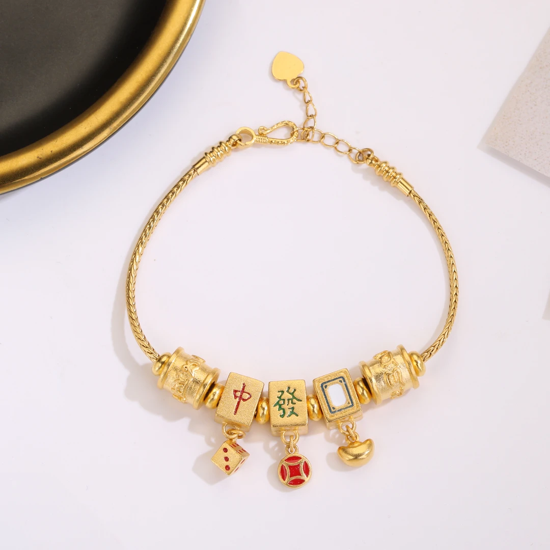 铜合金手链 爆款镀金不掉色金色麻将手链古法创意中发白蛇骨手链