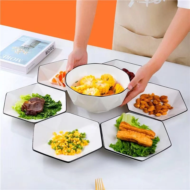 8.5英寸纯白六角盘6个+一个8英寸汤碗陶瓷釉下彩