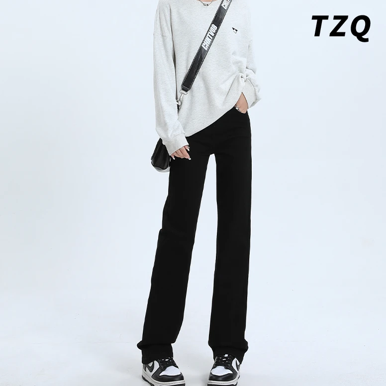 黑色直筒牛仔裤女春秋2024新款高腰修身窄版拖地长裤子TZQ102452