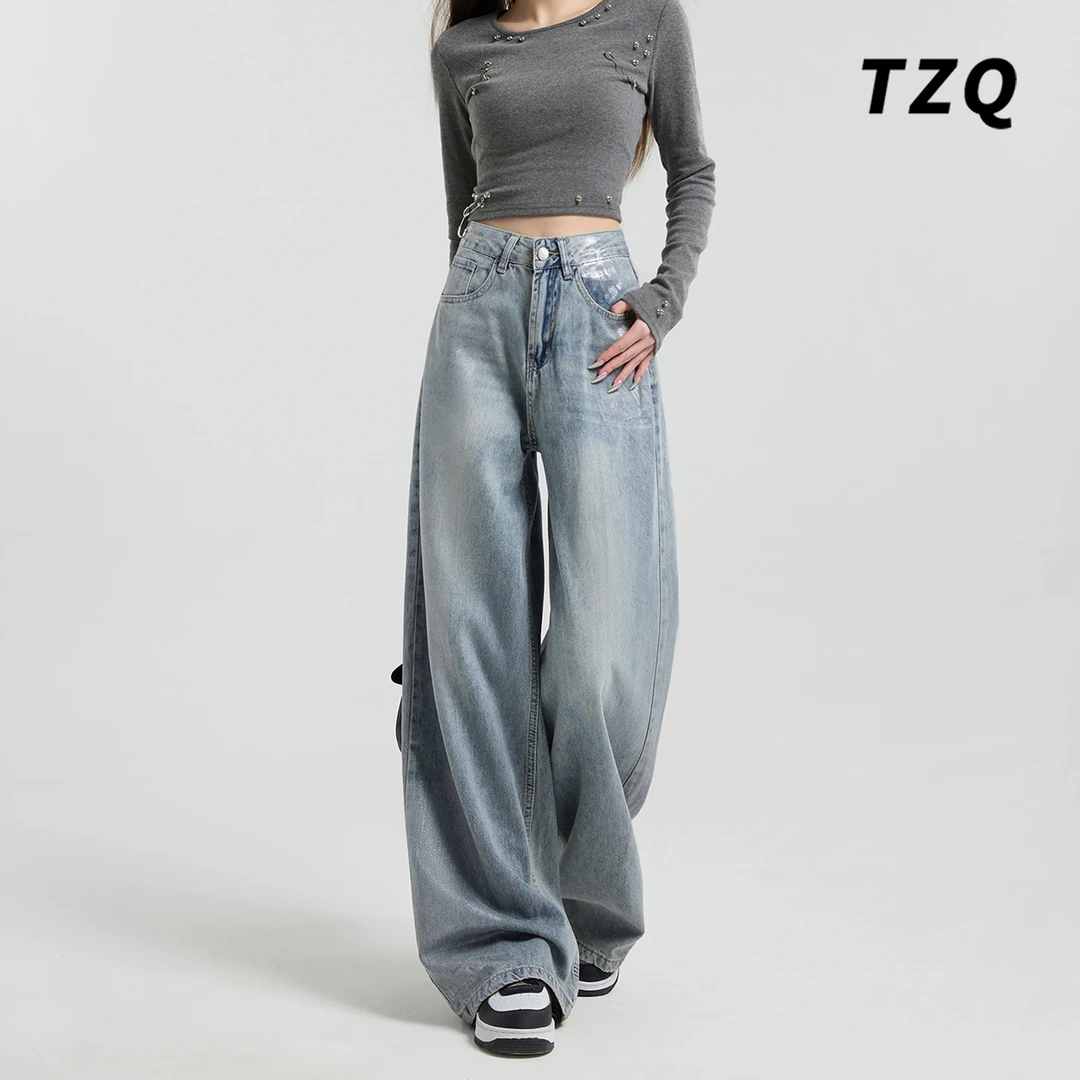 复古浅色直筒牛仔裤女秋冬新款美式高腰设计拖地阔腿裤 TZQ102713