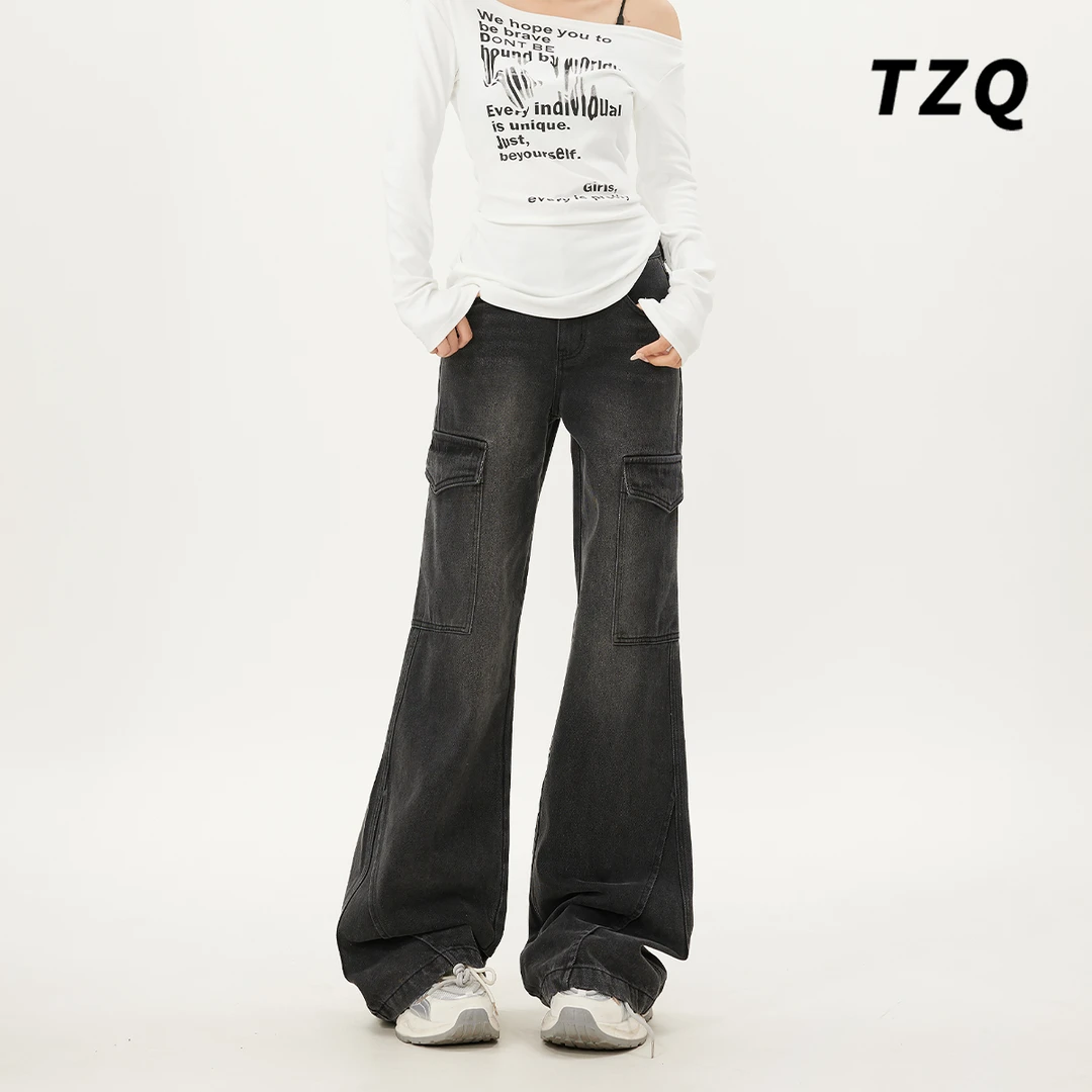 美式微喇牛仔裤女2025新款春季设计感口袋显瘦工装裤子TZQ101529