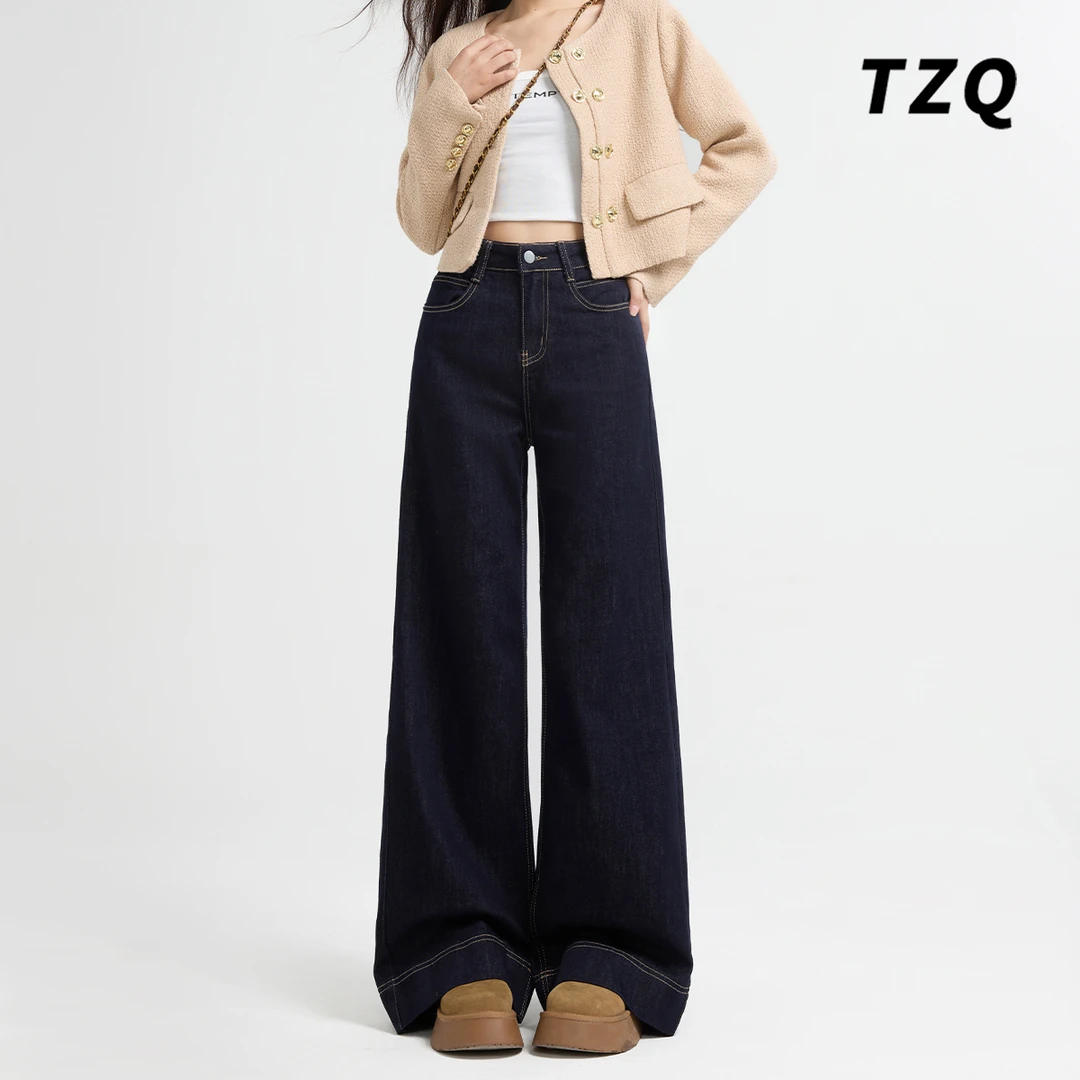 美式高腰阔腿牛仔裤女款爆款2025新款弹力设计感拖地裤 TZQ83144