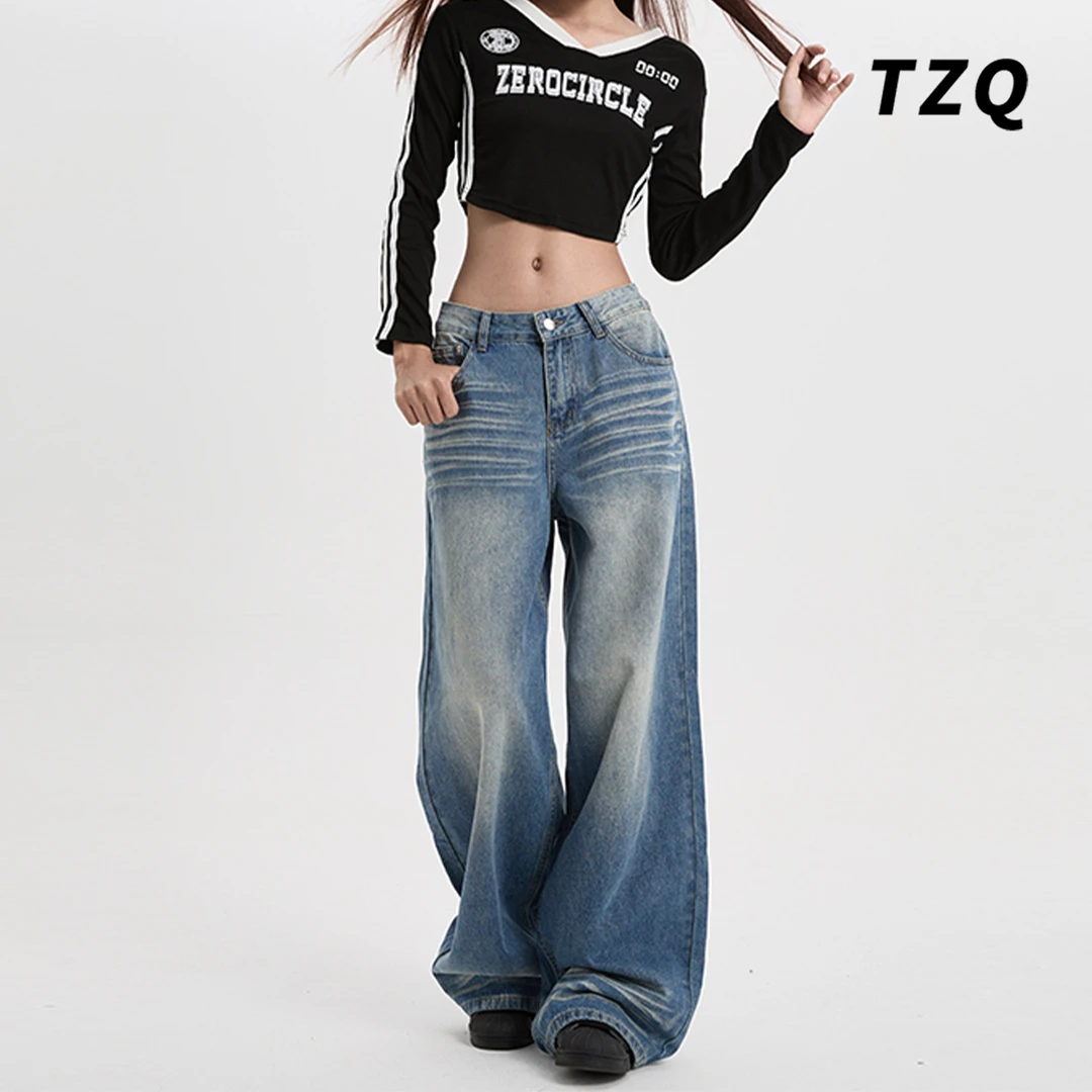 复古阔腿牛仔裤女秋冬新款高腰显瘦宽松垂感折痕直筒裤TZQ111905