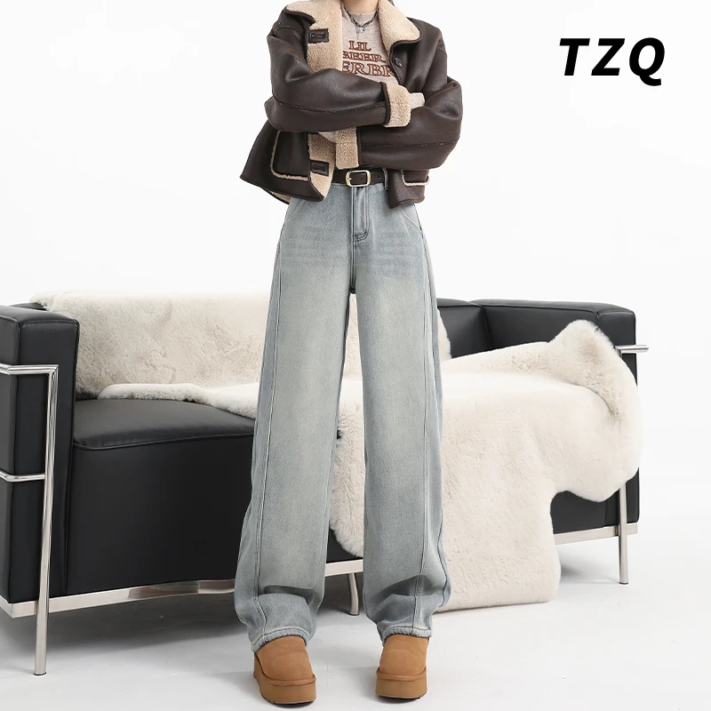 高级感阔腿牛仔裤女款爆款2025年显瘦百搭宽松弯刀裤子TZQ121106