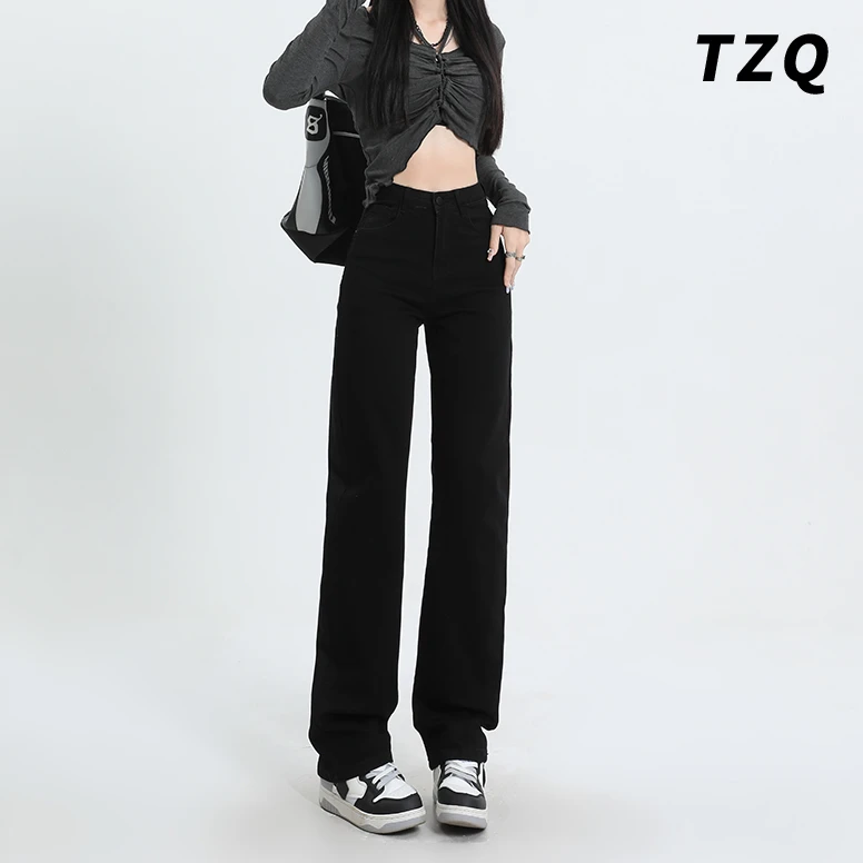 黑色直筒牛仔裤女爆款2024新款小个子高腰显瘦宽松垂感窄版阔腿裤
