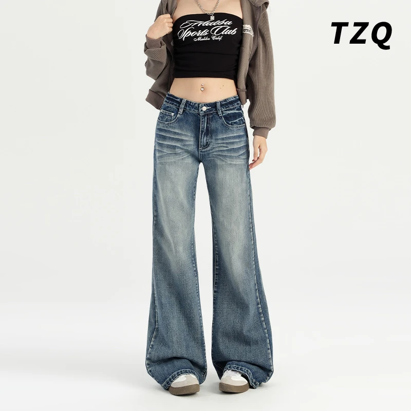 水洗设计感微喇垂感牛仔裤高腰显瘦韩版拖地裤休闲喇叭裤TZQ90329