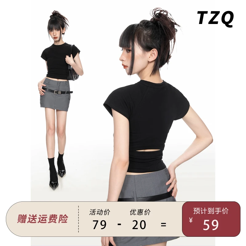 黑色镂空露背正肩短袖t恤女夏夏季短款高腰修身紧身美式辣妹上衣