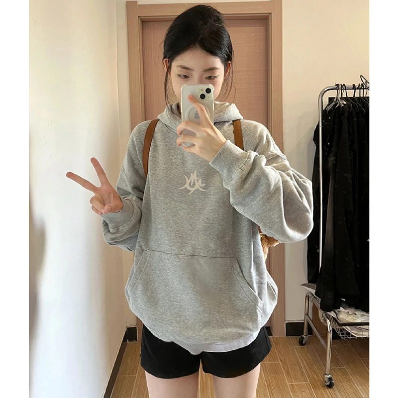 美式复古灰色套头连帽卫衣女春秋宽松慵懒风oversize重磅长袖上衣