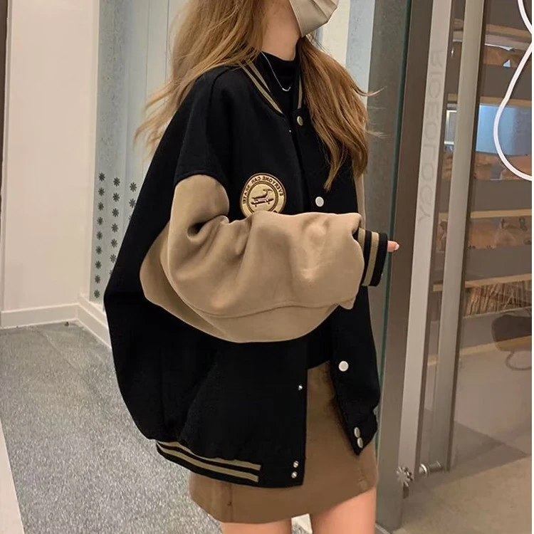 美式复古宽松加厚棒球服ins秋冬厚外套韩版休闲百搭学生拼接卫衣