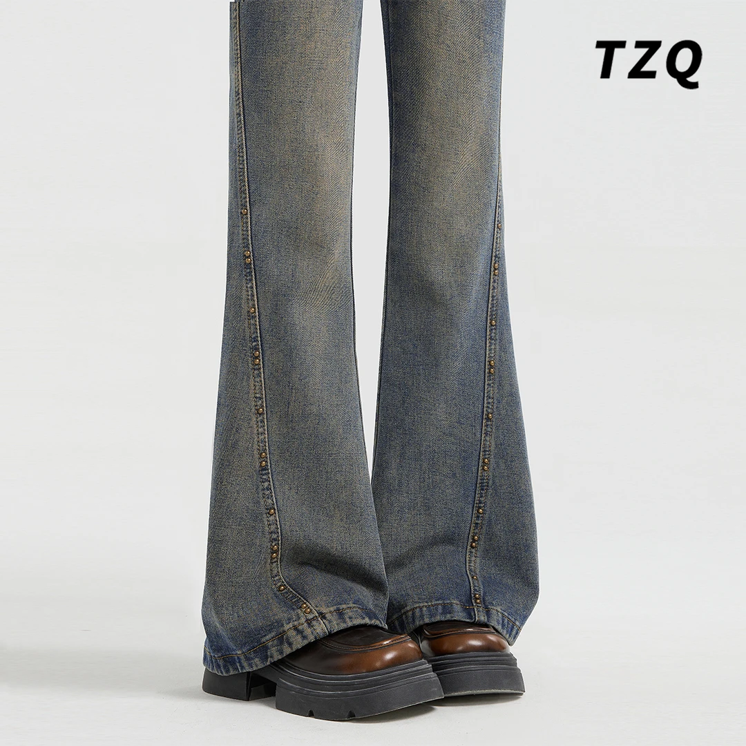 复古美式微喇叭牛仔裤女秋冬新款铆钉不贴腿高腰马蹄裤 TZQ102710