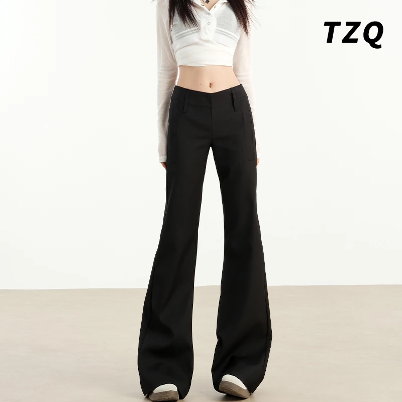 黑色气质褶皱低腰复古微喇叭裤女2024秋修身显瘦西装直筒TZQ82041