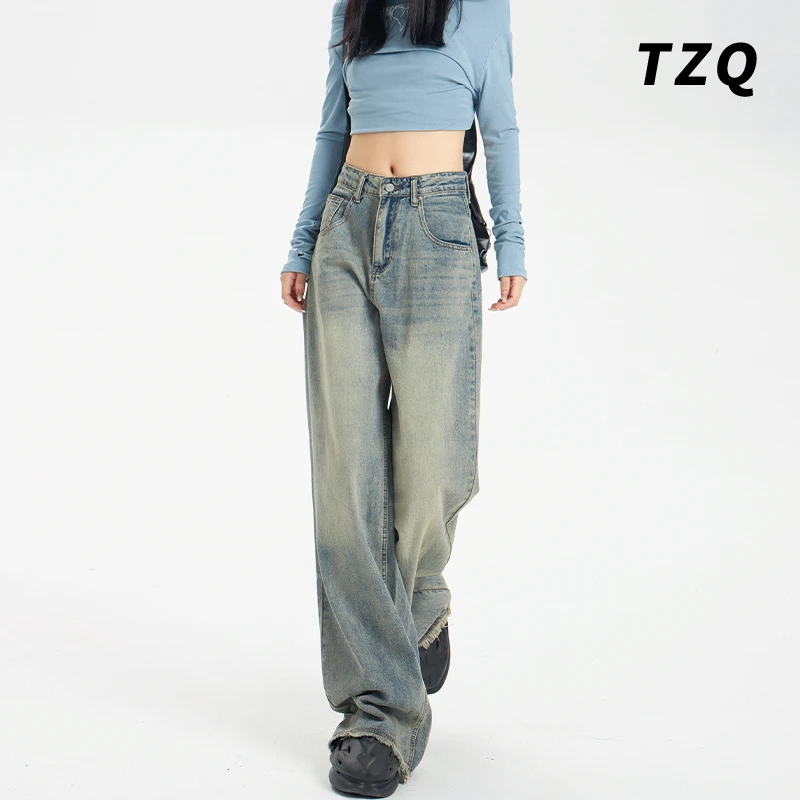 复古阔腿牛仔裤女夏爆款新款拖地裤子高腰毛边2025年流行网红女裤