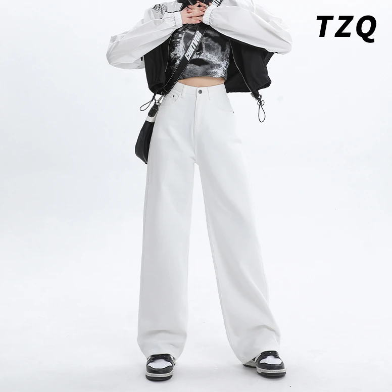 白色高街阔腿牛仔裤女爆款2024新款秋冬季小个子高腰拖地直筒裤子