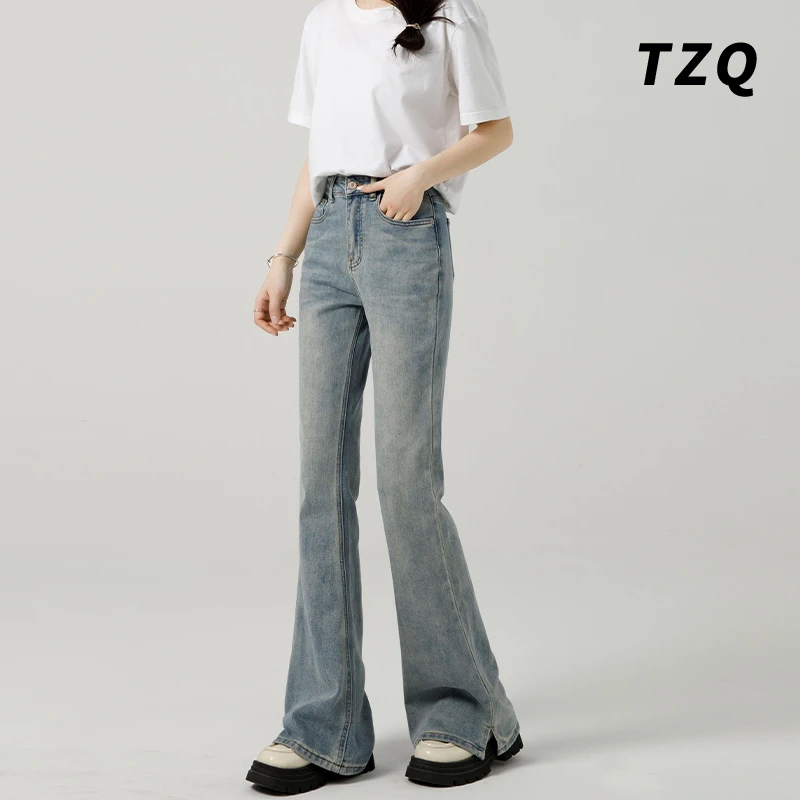 浅蓝色微喇牛仔裤女2025新款秋季气质高腰马蹄喇叭裤子TZQ112149
