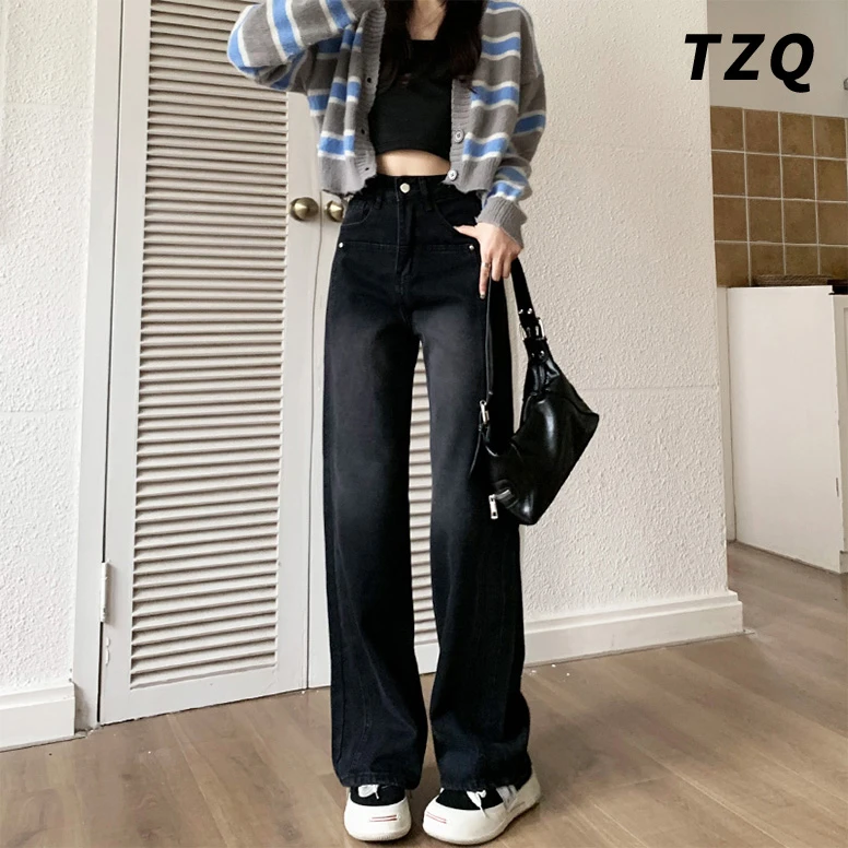 黑灰阔腿牛仔裤女秋冬爆款2024年新款小个子显瘦宽松高腰直筒裤子