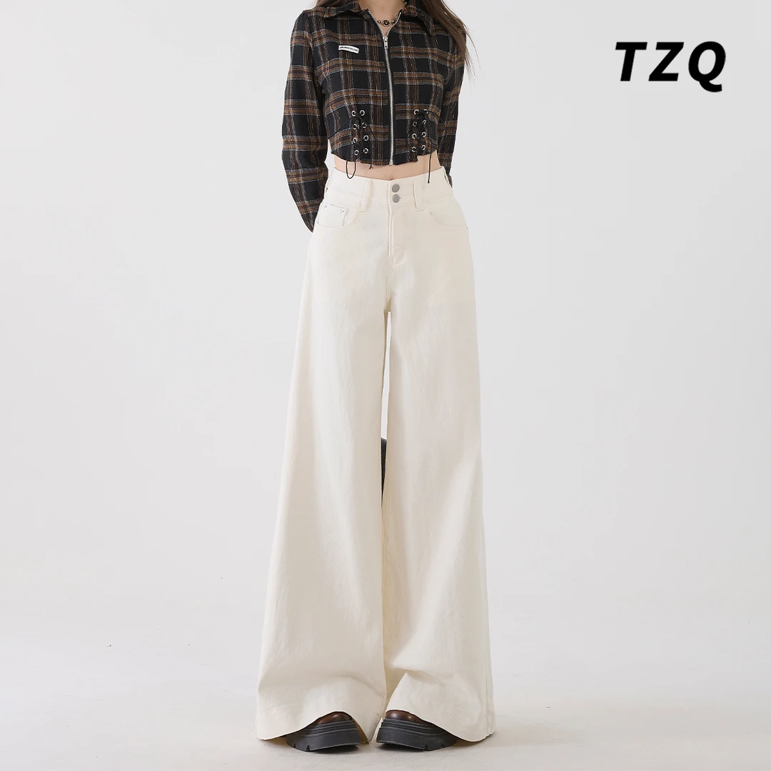 白色阔腿牛仔裤女2024秋冬新款高腰宽松显瘦简约拖地裤 TZQ101422