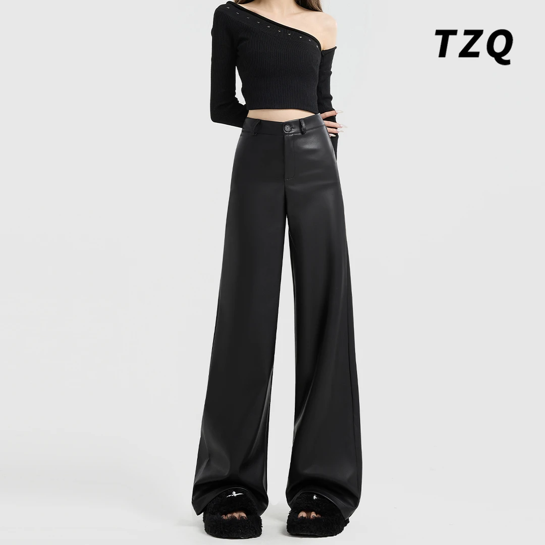 美式黑色高腰休闲PU皮裤女款2024年新款小个子宽松阔腿裤TZQ82947