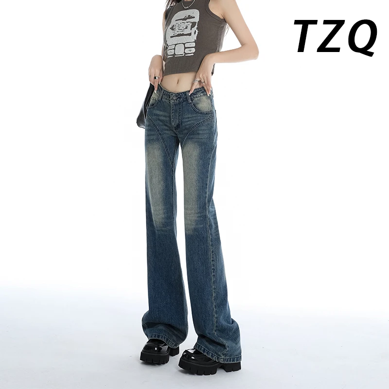 美式复古微喇牛仔裤女2024新款网红辣妹低腰拖地马蹄喇叭裤子春秋