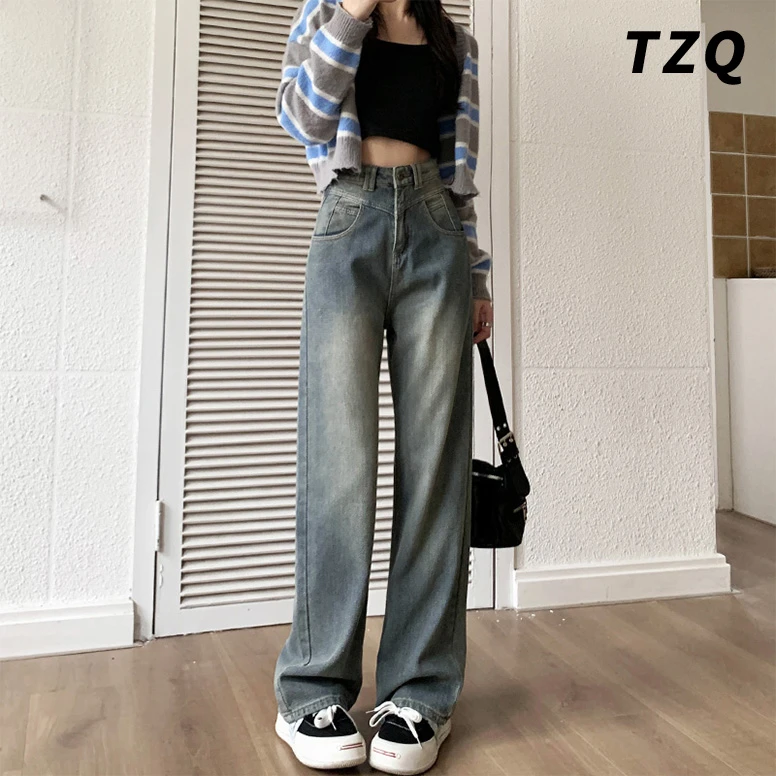 怀旧蓝直筒牛仔裤女爆款2024新款秋冬小个子九分高腰显瘦烟管裤子