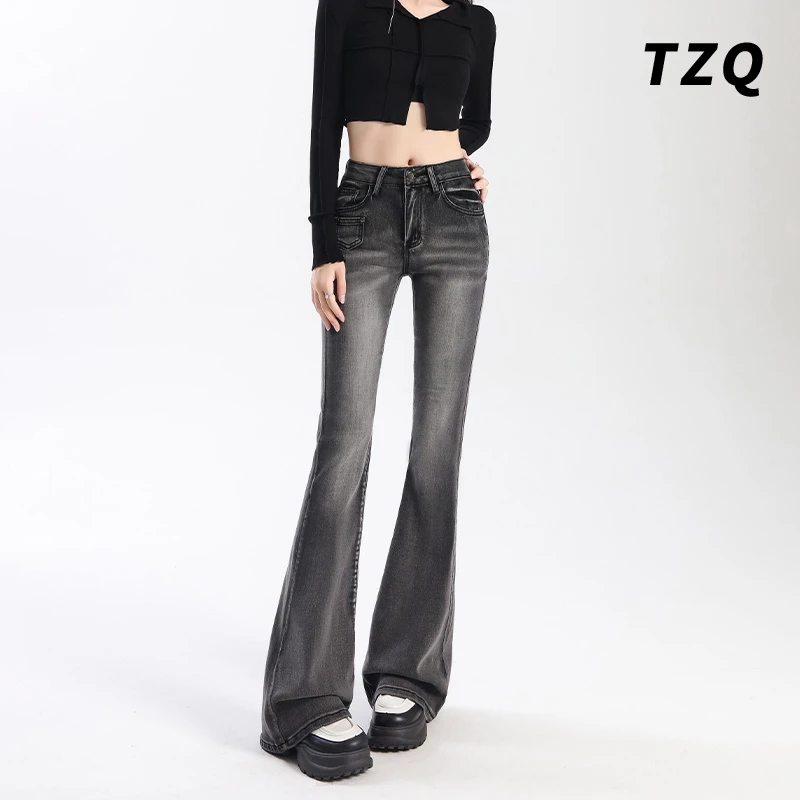 黑灰色水洗垂感喇叭牛仔裤女秋季高腰显瘦修身复古微喇裤TZQ90305