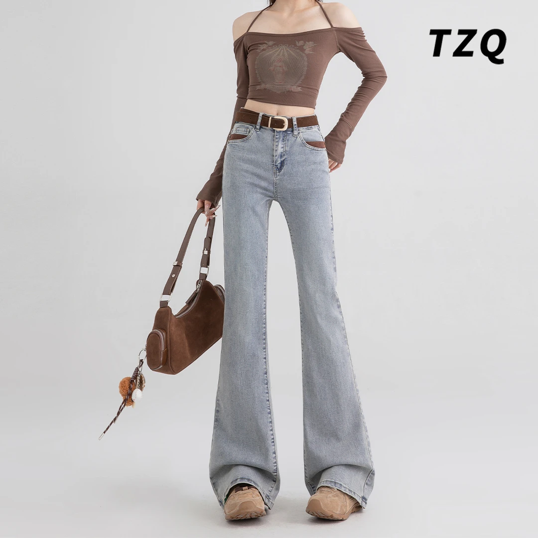 美式高腰微喇牛仔裤女款爆款2025年新款弹力拖地喇叭裤TZQ110116