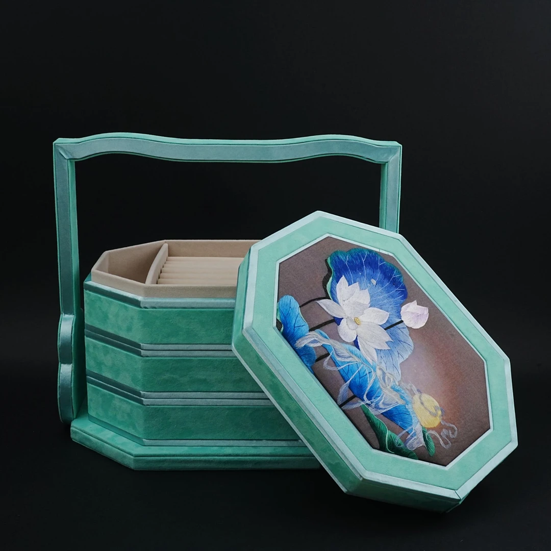 苏绣首饰盒荷花大号首饰盒大容量轻奢高档饰品盒项链耳环首饰盒