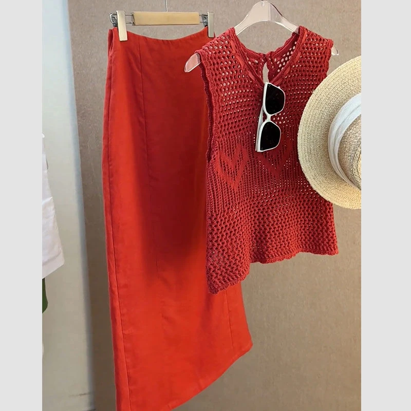 夏季欧货时尚洋气套装2025年新款气质轻熟风红色上衣半身裙两件套