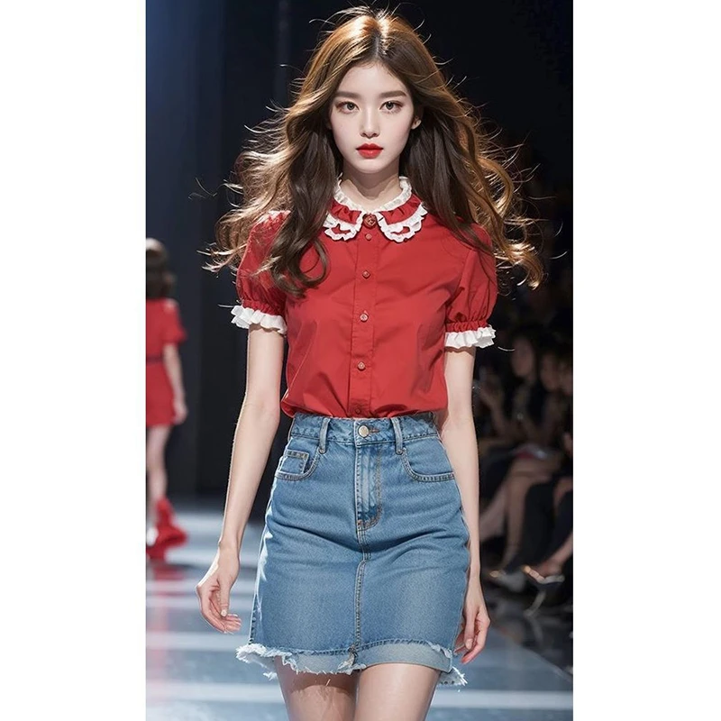 2024年新款爆款红色娃娃领撞色衬衫女时尚小众独特设计超好看上衣