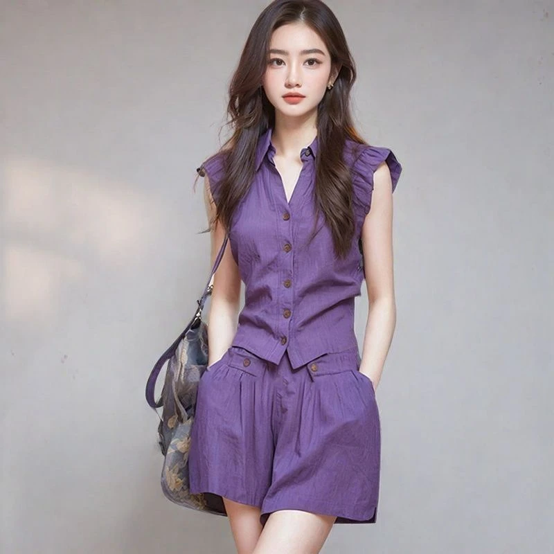 夏装搭配一整套时尚韩系紫色显瘦上衣短裤两件套装又a又飒氛围感