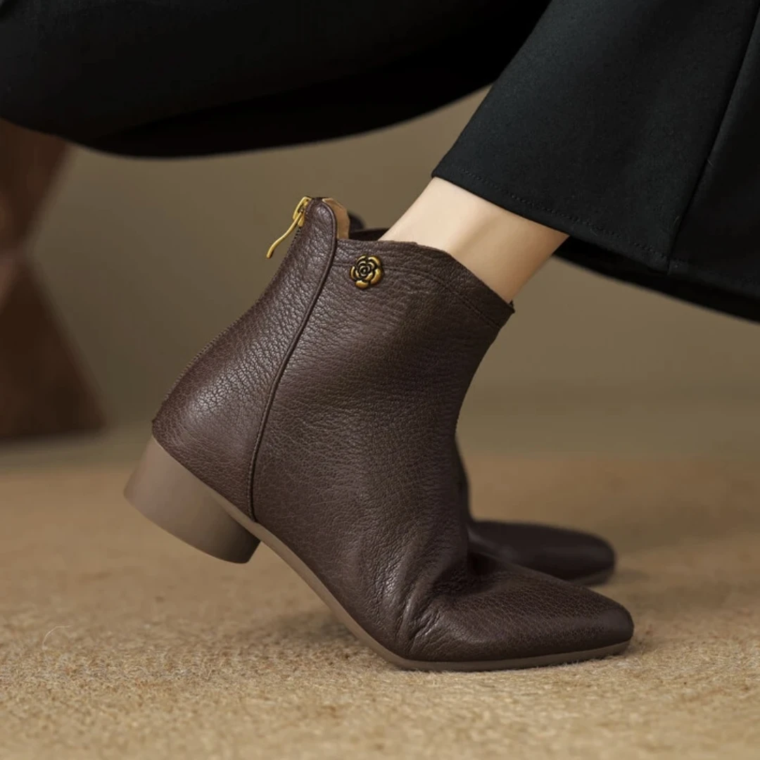 【朵苮品牌】法式简约芒果头山茶花后拉链短靴超软奶奶鞋舒适7331