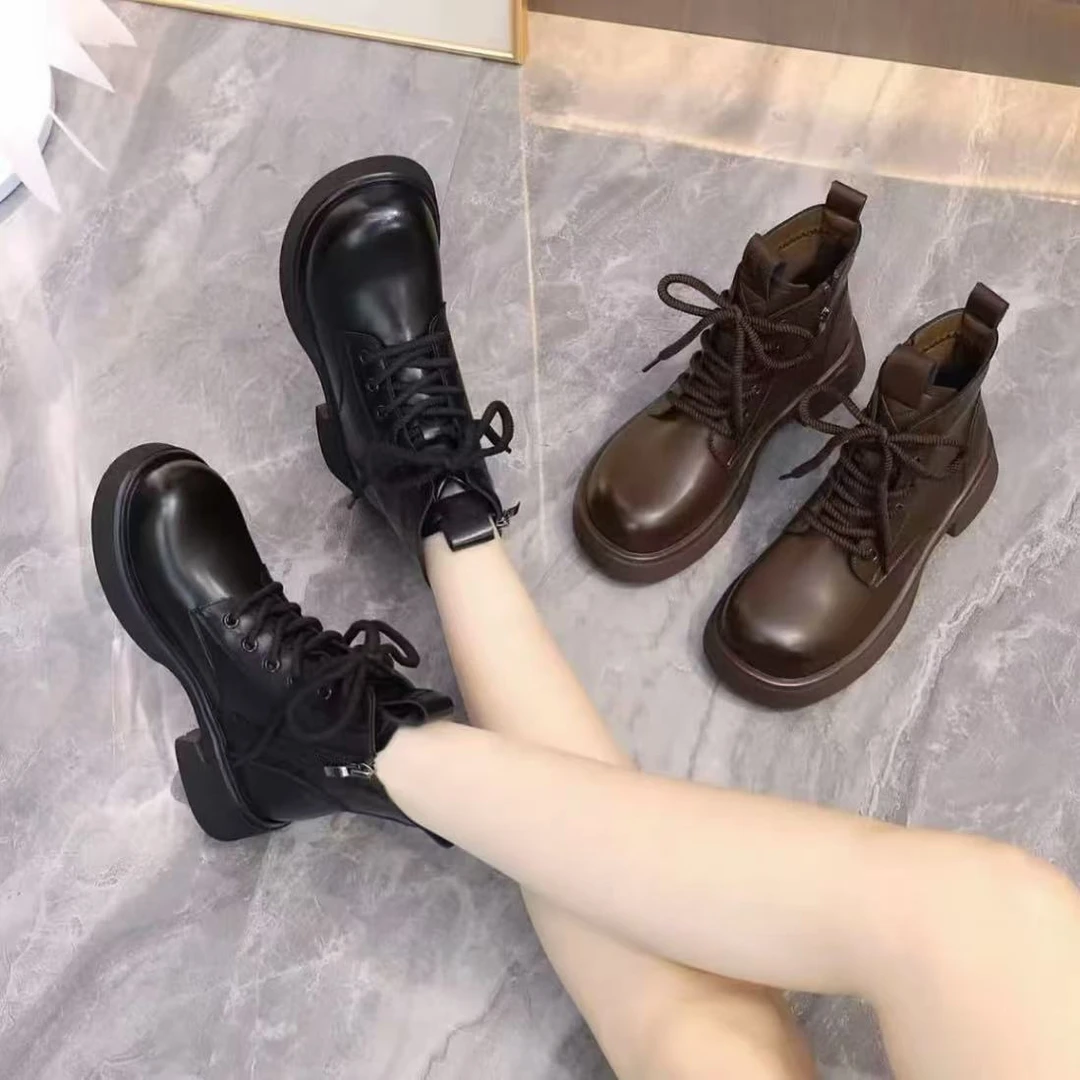 【朵苮品牌】秋冬新款百搭韩版舒适圆头中跟马丁靴女鞋6398