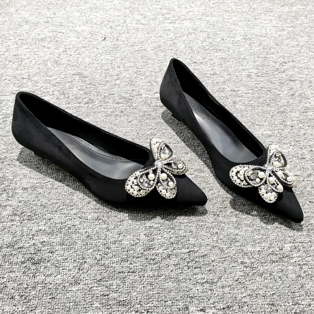 2024新款3公分小矮跟单鞋女浅口绒面百搭黑色职业通勤工作猫跟鞋