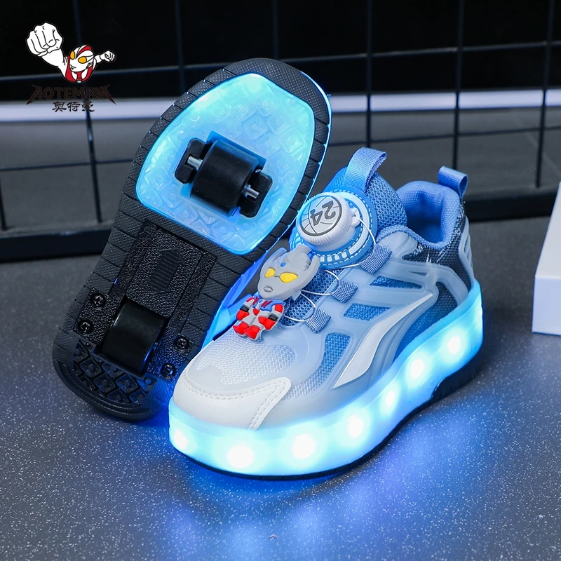 奥特曼童鞋男童6-12岁暴走鞋儿童鞋子大童学生发光运动夜光轮滑鞋