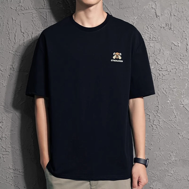 小熊刺绣t恤男短袖2022年新款大码百搭潮牌宽松夏季纯色体恤男士T
