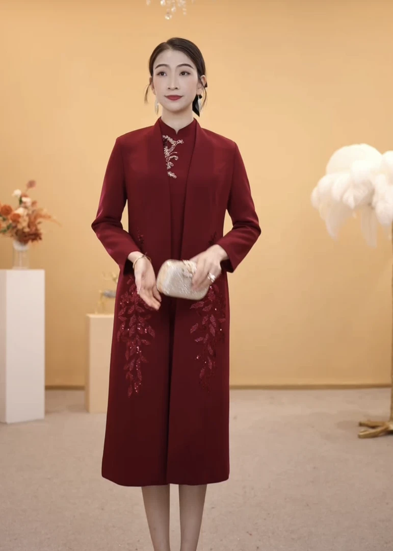 春秋外套搭配礼服喜婆婆喜婚宴长袖外套酒红色喜婚宴喜婆婆婚礼装