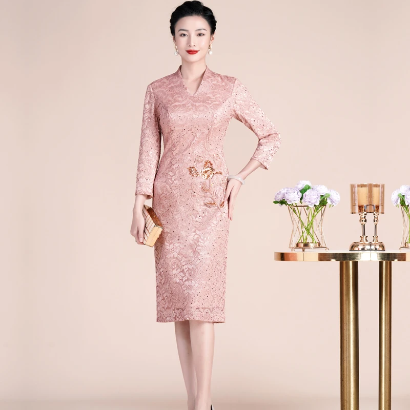 2024秋季新款时尚优雅蕾丝裙喜妈妈温柔气质礼服生日宴会连衣裙