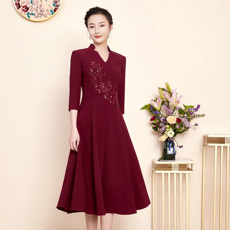 【冬季保暖】优雅酒红色喜婆婆敬酒服中长款显瘦显高喜妈妈连衣裙
