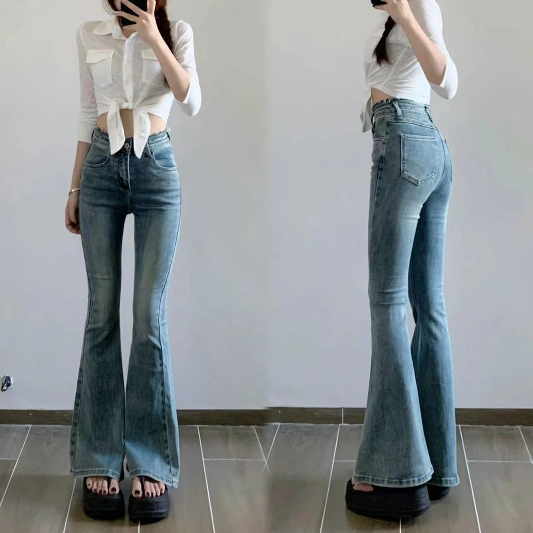 悦悦夏季新款质感蓝微喇修身牛仔裤女高腰显瘦弹力毛边设计感裤子