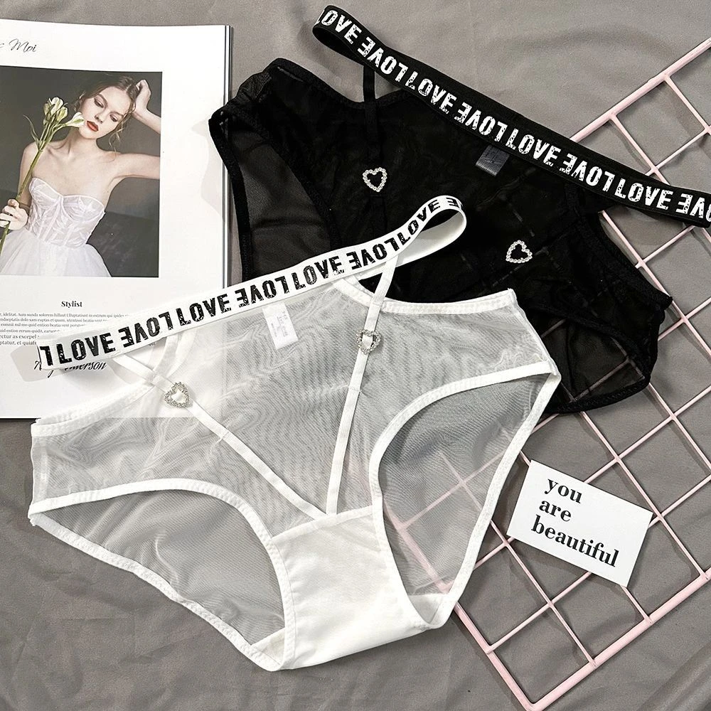 （90斤-140斤）中腰爱心字母美腰性感网纱镂空蕾丝纯欲女士内裤