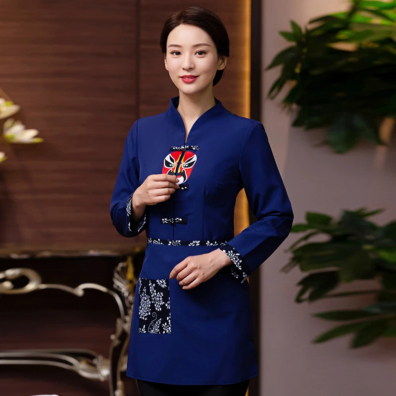 中式服务员工作服长袖女秋冬餐厅餐饮茶楼火锅店饭店特色员工服装